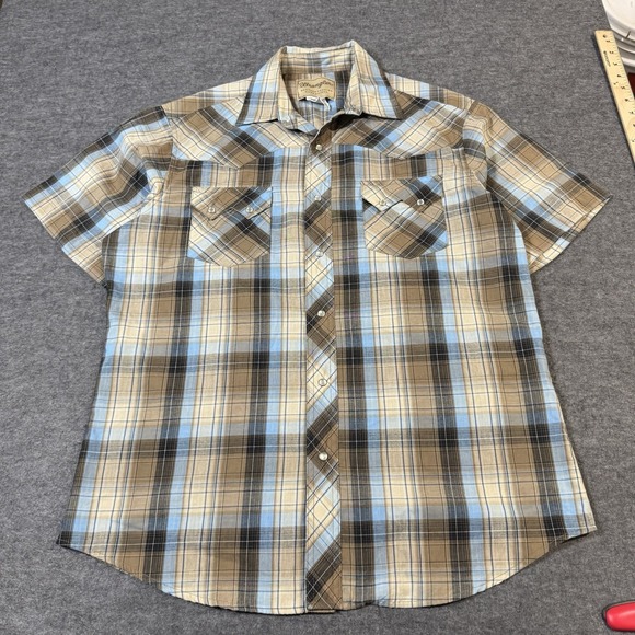 Wrangler Other - Wrangler Western Shirt Mens Large Brown Plaid Pearl Snap Short Sleeve Cowboy Top